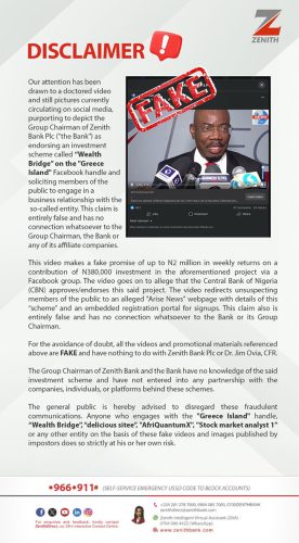 Official Zenith Bank disclaimer warning the public about a fake investment video and fraudulent online scheme